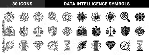 Hybrid abstract technology and digital governance symbols featuring dual line and solid styles with integrated brain circuitry and atom motifs