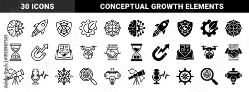 Hybrid conceptual symbols merging technology with organic and classical elements featuring brain circuits rocket pencil gear leaf and binary handshake
