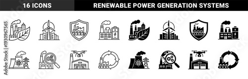 Sustainable industrial manufacturing and green energy production icons featuring hybrid concepts like eco factory leaves and nuclear power grid integration