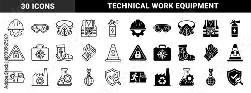 Hybrid industrial safety and technical equipment collection featuring integrated symbols like gear helmets qr code vests and anchor work boots