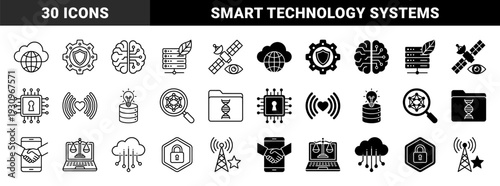 Hybrid technology and digital connectivity icons featuring combined concepts like cloud computing global networking data security artificial intelligence and biotechnology