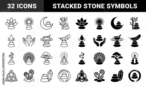 Zen balancing stone hybrid symbols combining stacked pebbles with lotus flower bamboo moon flame and organic elements in outline and solid styles