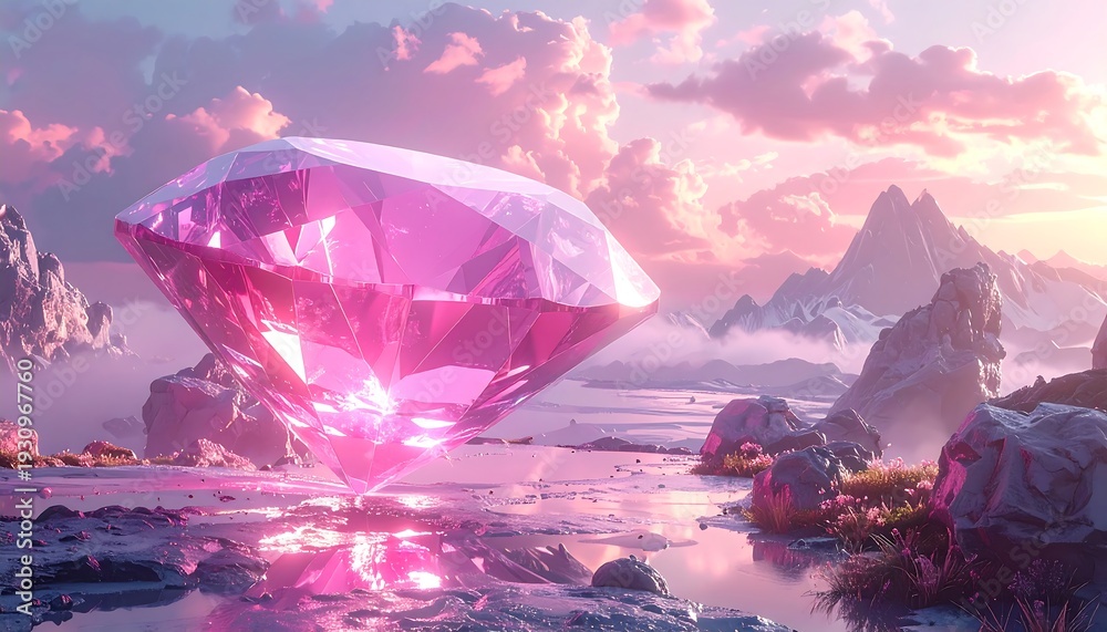 Obraz premium Giant pink diamond floats above water, reflecting in pastel clouds, mountains visible
