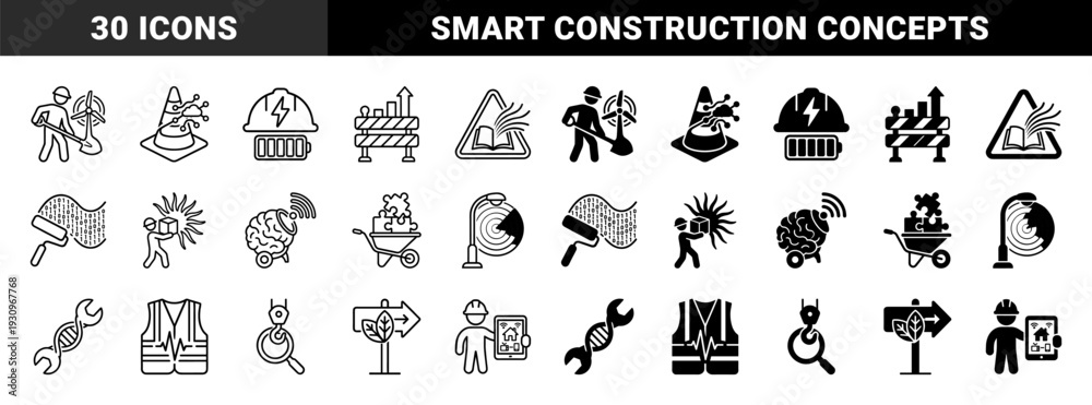 Obraz premium Construction and Industrial Hybrid Concept Symbols Featuring Worker with Wind Turbine Brain Wheelbarrow Puzzle and DNA Wrench in Dual Style