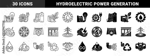 Sustainable hydroelectric energy and water management symbols featuring hybrid designs of dams power grids turbines and renewable resource conservation