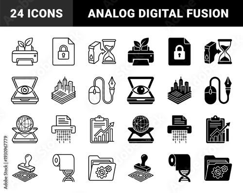 Hybrid document and data management symbols merging analog office tools with digital metaphors including paper DNA and circuit board printing