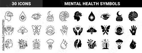 Collection of holistic wellness and mental health symbols merging organic nature elements with human psychology in linear and solid styles