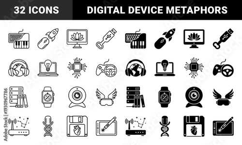 Hybrid technology symbols merging digital hardware with organic and mechanical metaphors featuring outline and solid glyph styles for creative design