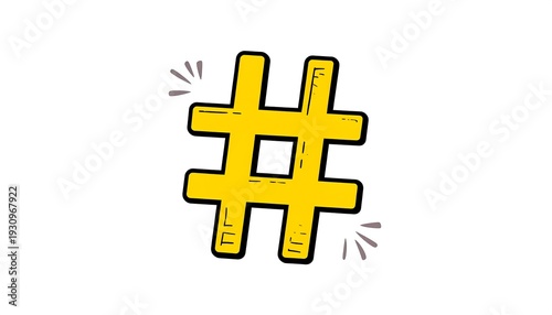 Bright Yellow Hashtag Symbol with Hand-Drawn Style and Sparkles.