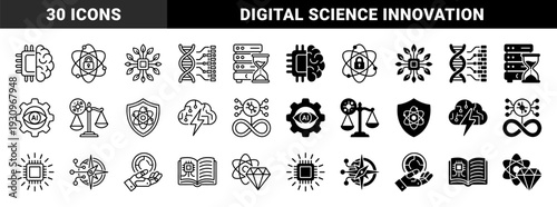 Hybrid technology and science icons merging artificial intelligence with organic biology quantum physics and digital data processing in dual line and solid styles