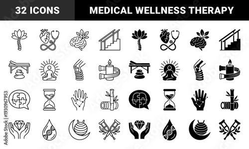 Hybrid medical and wellness symbols merging human anatomy with organic elements like lotus flowers spine alignment and brain growth in dual line and solid styles