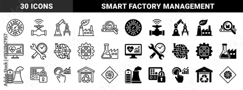 Industrial Smart Manufacturing Icons Featuring Hybrid Symbolism Merging Automation Robotics Renewable Energy Infrastructure and Data Monitoring