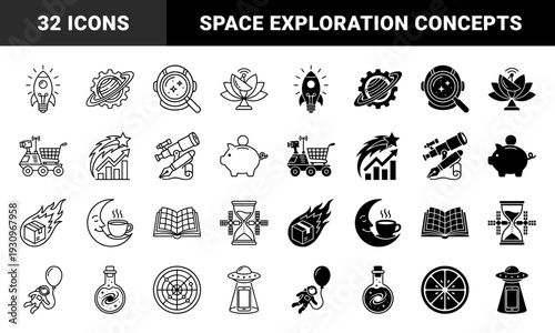 Collection of hybrid astronomical and conceptual symbols merging space exploration elements with everyday objects in both linear and solid silhouette styles