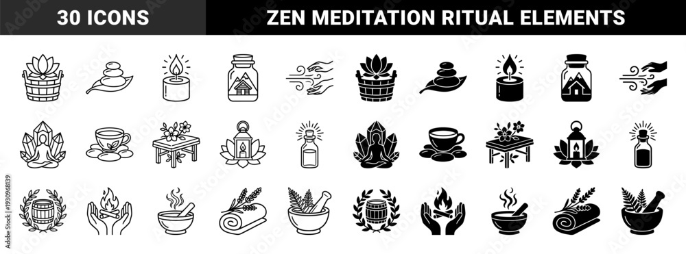 Obraz premium Wellness and holistic therapy hybrid icons featuring dual line and solid styles with spiritual meditation symbols and organic spa treatment elements