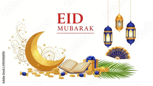 Celebrating Eid Mubarak with crescent moon, lanterns, and sacred book in serene environment