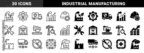 Industrial Manufacturing and Smart Logistics Hybrid Icons Featuring Factory Integration With Green Energy Hourglass Storage And Predictive Maintenance Tools