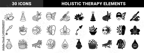Wellness and holistic therapy symbols merging organic elements like lotus flowers with spa tools in a balanced dual outline and solid black style