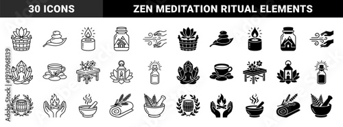 Wellness and holistic therapy hybrid icons featuring dual line and solid styles with spiritual meditation symbols and organic spa treatment elements