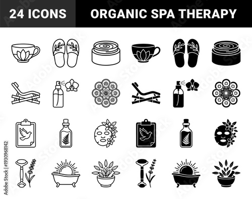 Wellness and holistic spa line icons featuring hybrid symbols of lotus tea cups garden slippers herbal bottles and facial masks in outline and solid styles