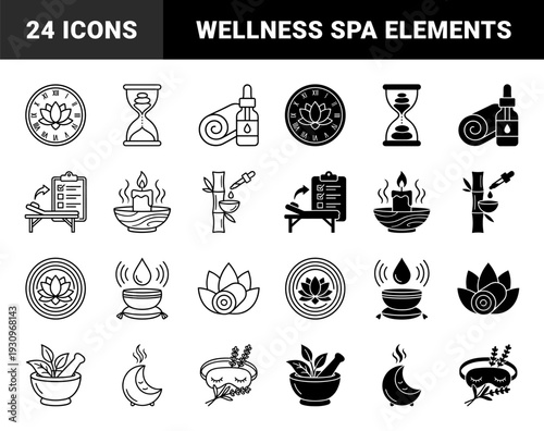 Wellness and holistic therapy icons featuring hybrid symbols of lotus flowers hourglasses and herbal medicine in outline and solid styles