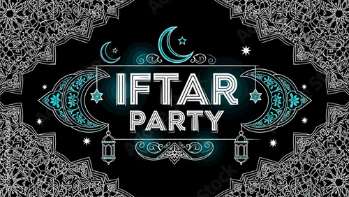 Vibrant Iftar celebration with intricate designs and lanterns in a festive Islamic environment viewed from the front