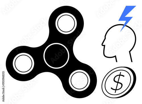 Stress relief, financial decision-making, productivity, innovation, focus, energy concepts. A fidget spinner, head with lightning and coin icon. Stress relief and financial decision-making