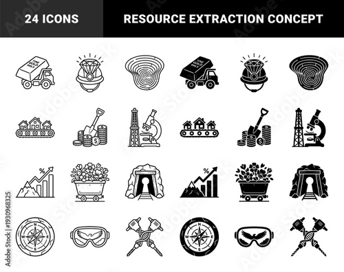 Mining industry and financial growth concept icons featuring hybrid designs like gold bullion trucks diamond helmets and money shovels for extraction business