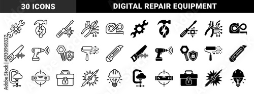 Black and white construction tool hybrid symbols merging traditional hardware with digital data and electronic circuit elements for smart industry and automated repair services