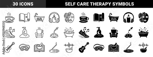 Wellness and Mindfulness Hybrid Symbols Featuring Lotus Coffee Cup Bathtub Library and Musical Yoga Elements for Holistic Lifestyle Design