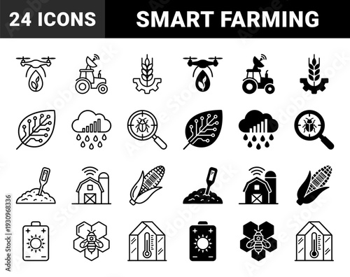 Smart farming and precision agriculture icons featuring hybrid symbols of technology integrated with nature for sustainable crop management and monitoring