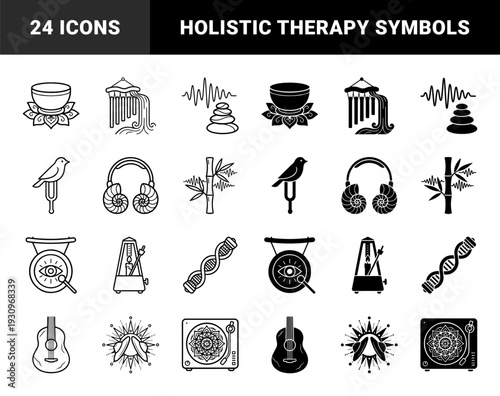 Collection of hybrid sound healing symbols merging musical instruments with organic elements like lotus flowers shells bamboo and celestial moons