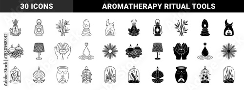 Spiritual wellness hybrid symbols featuring aromatherapy diffusers with crystals incense smudging bundles and moon phase candle holders in outline and solid styles