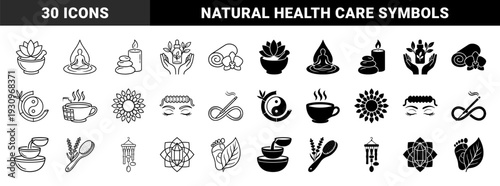 Wellness and holistic therapy hybrid symbols featuring lotus mortar combinations meditation silhouettes and zen garden elements in line and solid styles