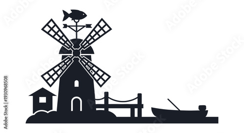 Traditional windmill with fish weather vane and rural landscape.