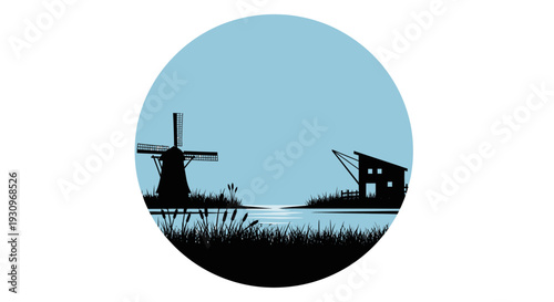 Silhouette of windmill and house in circular frame.