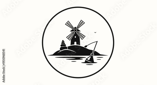 Black and white illustration of a windmill on an island with a sailboat.