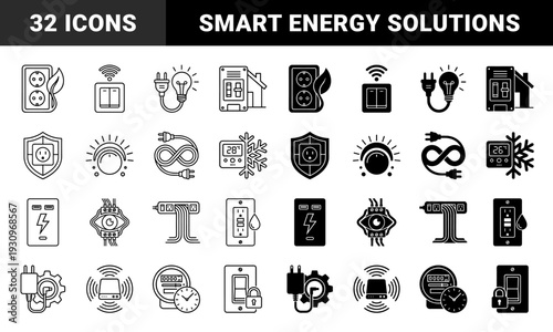Electrical smart home hybrid icons featuring power outlet with leaf, wifi light bulb, shielded socket, and temperature controlled snowflake thermostat