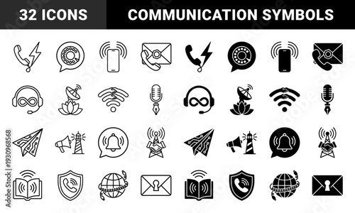 Hybrid communication icons merging classic analog and digital symbols featuring phone lightning bolts rotary dial chat bubbles and lotus satellite dishes