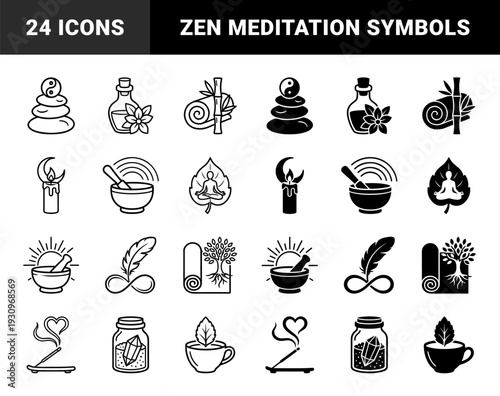 Minimalist Holistic Wellness Symbols Featuring Zen Stone Yin Yang Hybrids Lotus Meditation Figures Healing Crystals And Botanical Spa Elements