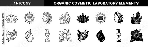 Biotechnology and Organic Skincare Icons Featuring Hybrid Designs of DNA Helix Mortar Pestle Herbal Dropper Bottle and Botanical Elements