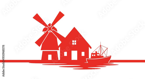 Red silhouette of windmill house and fishing boat on water.