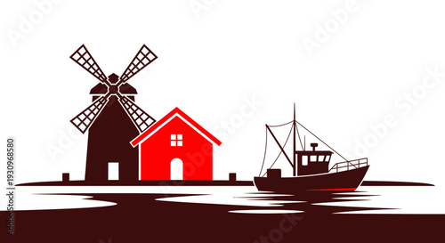 Serene landscape with windmill house and fishing boat.