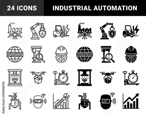 Industrial manufacturing and smart logistics icons featuring hybrid designs merging factory machinery with digital circuitry and automated robotics