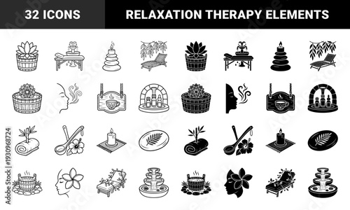 Wellness and Spa Therapy Symbols Featuring Dual Outline and Solid Fill Designs with Zen Stone Water Fountain and Herbal Treatment Elements