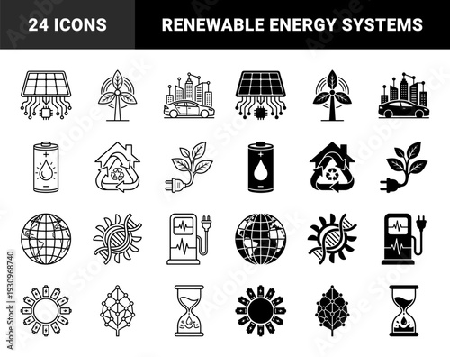 Sustainable energy hybrid icons featuring solar microchips wind turbine leaves and electric vehicle cityscapes in outline and solid styles