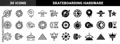 Skateboarding culture hybrid symbols merging mechanical hardware with organic elements like wings skulls lightning bolts and floral motifs in linear and solid styles