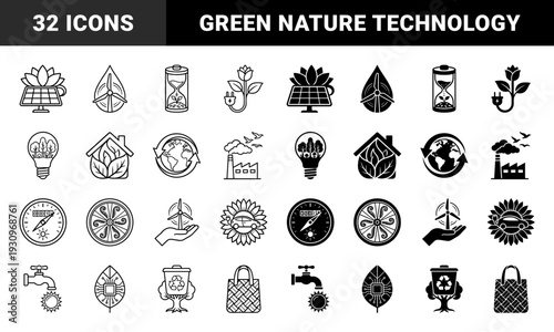 Monoline and solid style eco friendly hybrid icons merging nature with renewable energy technology and sustainable conservation symbols for green lifestyle branding