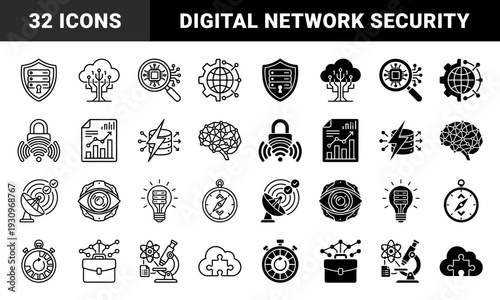 Abstract data intelligence symbols merging hardware components with organic and navigational elements using bold strokes and solid fills for security and analysis