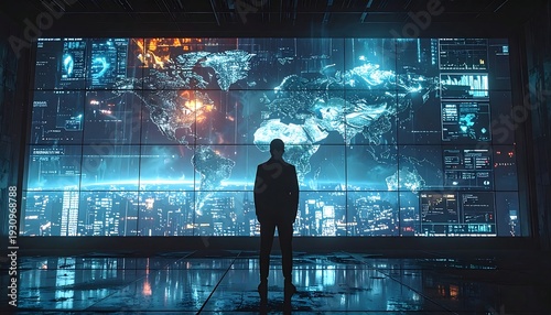 Man in Control Room Analyzing Global Data.