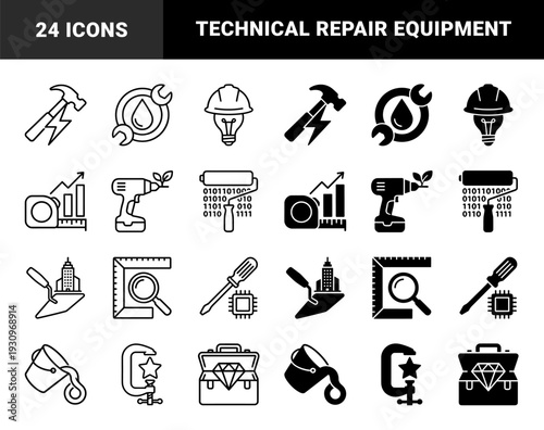 Construction and technical service symbols merging industrial tools with abstract concepts like energy growth and digital data in outline and solid styles